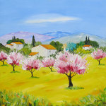 Le village et ses amandiers en fleurs, HST 50X50, 300�, disponible