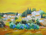 Village et oliviers, HST 40X30, 180� disponible
